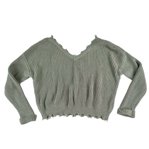 moon & madison Sweaters - PIPER | Trendy M Distressed Pastel Sage Green Cropped V Neck Chunky Knit Sweater